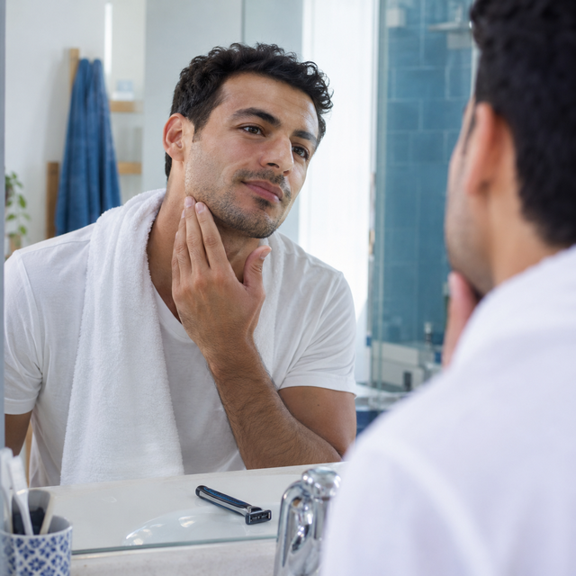 Homme après le rasage devant son miroir