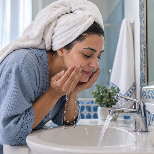 Femme nettoyant son visage avec de l’eau