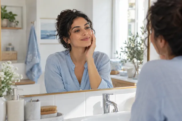 Routine de soin à domicile devant un miroir