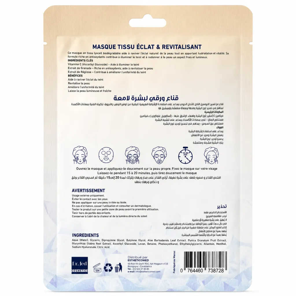 Masque tissu Éclat & Revitalisant Dr. Jed – vue arrière et conseils d’utilisation